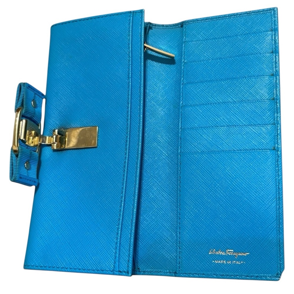 Salvatore Ferragamo Blue Wallet with Gold Detail and Bow closure - Picture 7 of 8